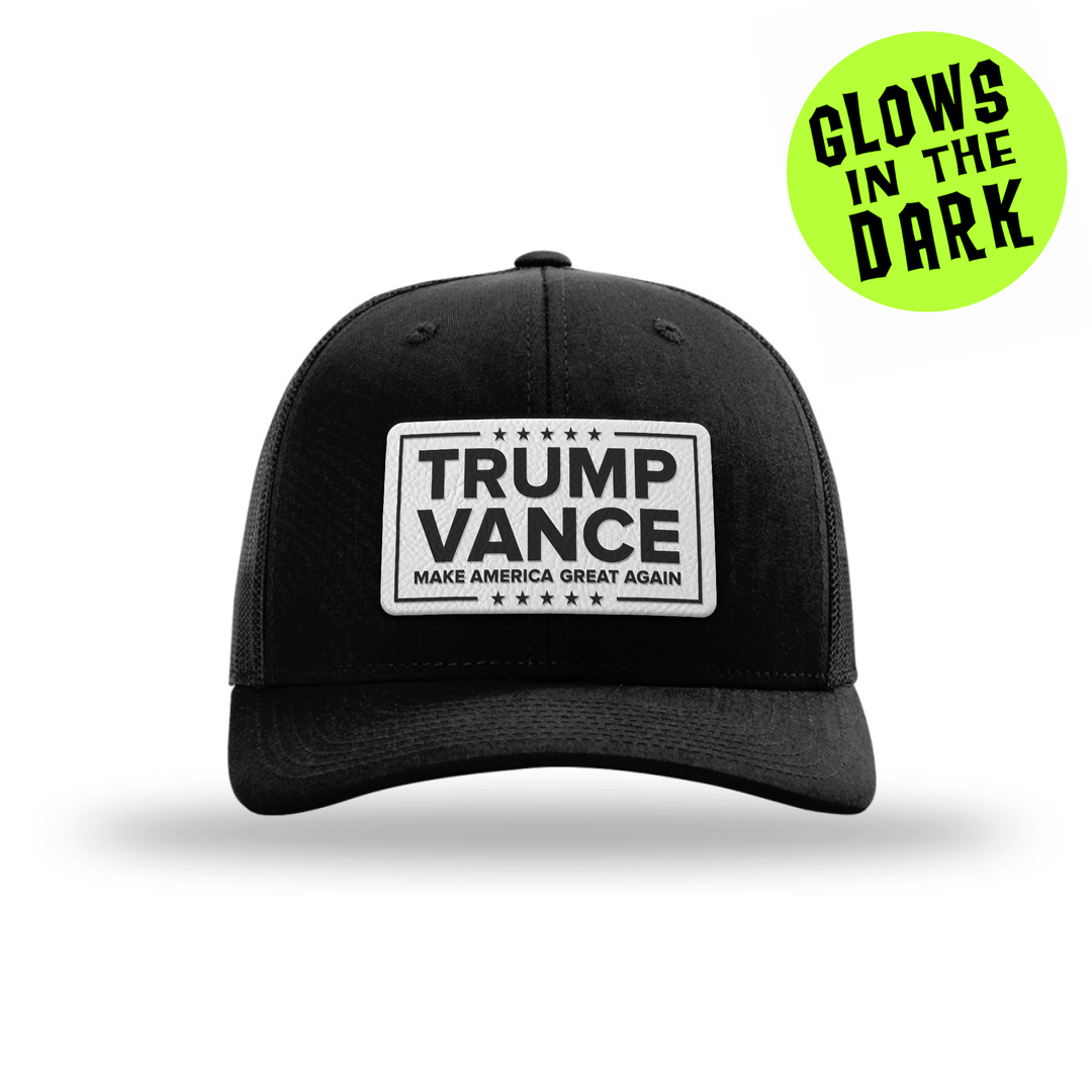 Adjustable Snapback Trucker Cap / Black Trump Vance GITD Leather Patch Hat maga trump