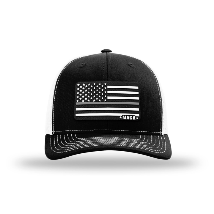 Adjustable Snapback Trucker Cap / Black/ White Maga Thin Grey Line Flag Hat maga trump