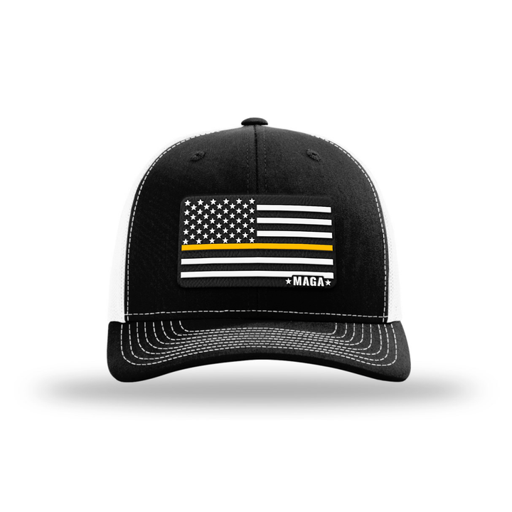 Adjustable Snapback Trucker Cap / Black/ White Maga Thin Yellow Line Flag Hat maga trump