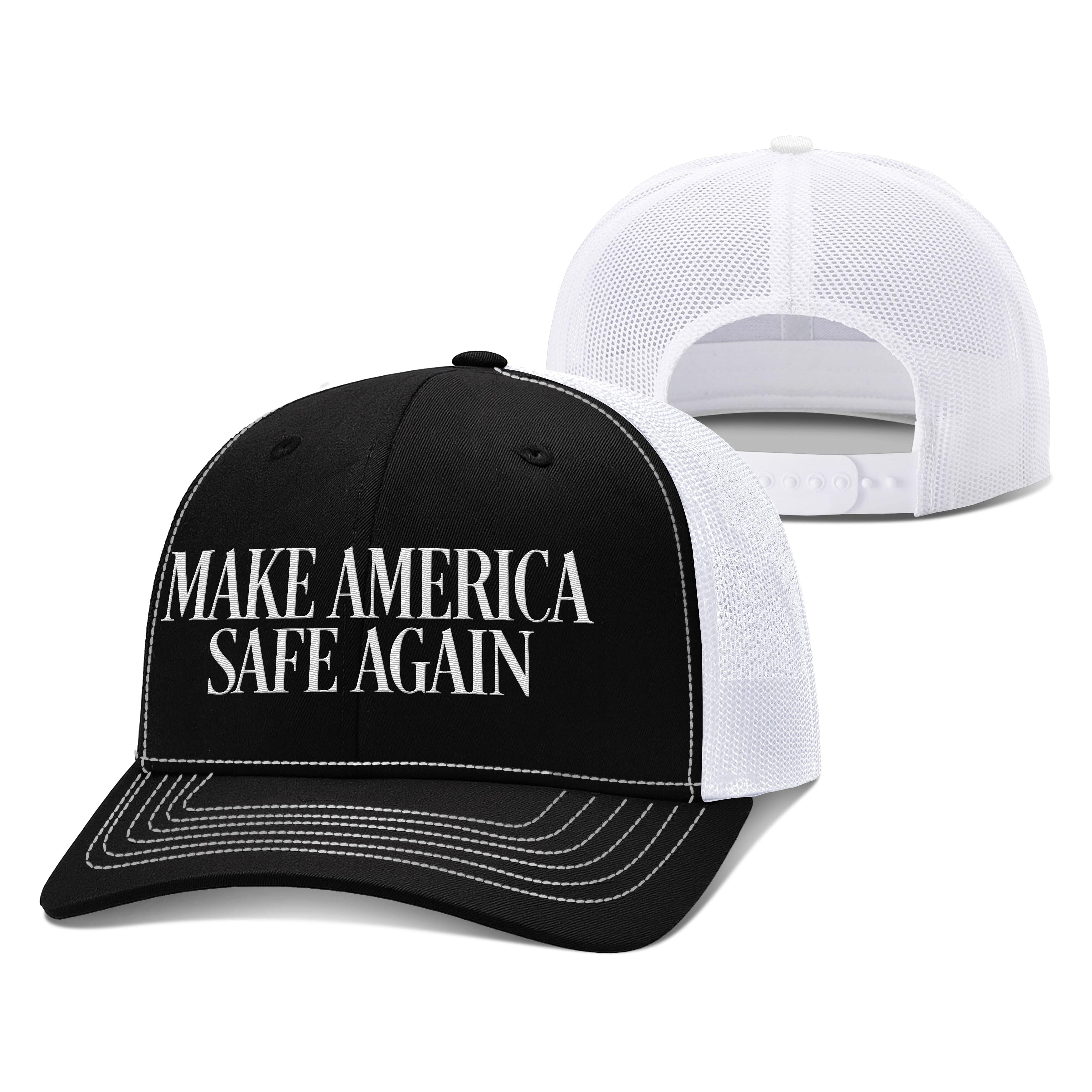 Adjustable Snapback Trucker Cap / Black/White / OS MAKE AMERICA SAFE AGAIN Trucker Hat maga trump