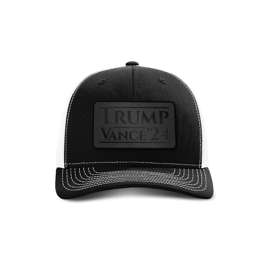 Adjustable Snapback Trucker Cap / Black/ White Trump Vance '24 Blackout Leather Patch Trucker Hat maga trump