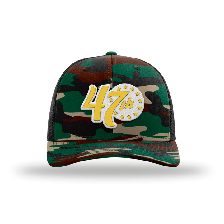 Adjustable Snapback Trucker Cap / Camo Limited Edition 47th President Trucker Hat - Gold/White maga trump