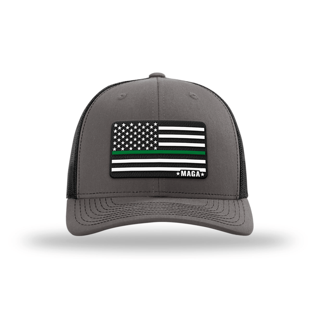 Adjustable Snapback Trucker Cap / Charcoal/ Black Maga Thin Green Line Flag Hat maga trump