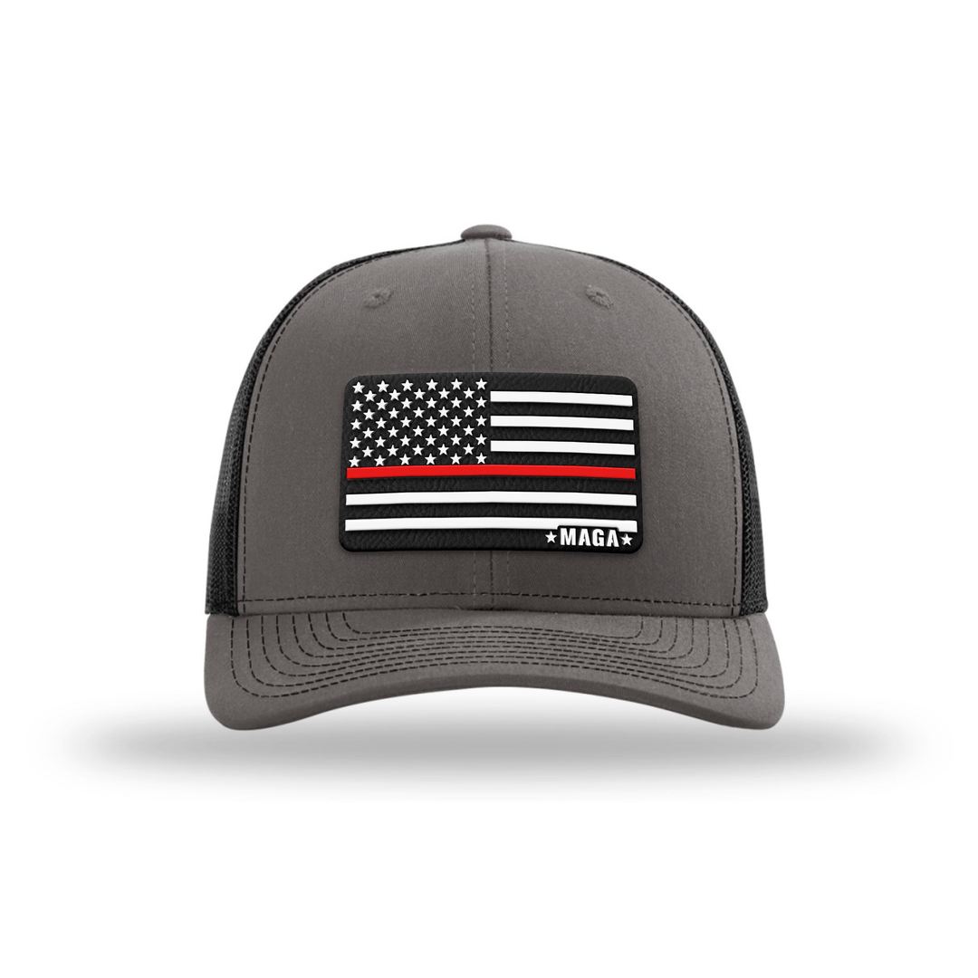 Adjustable Snapback Trucker Cap / Charcoal/ Black Maga Thin Red Line Flag Hat maga trump