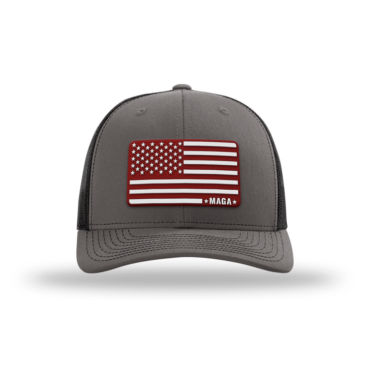 Adjustable Snapback Trucker Cap / Charcoal/Black - Red MAGA American Flag Trucker maga trump