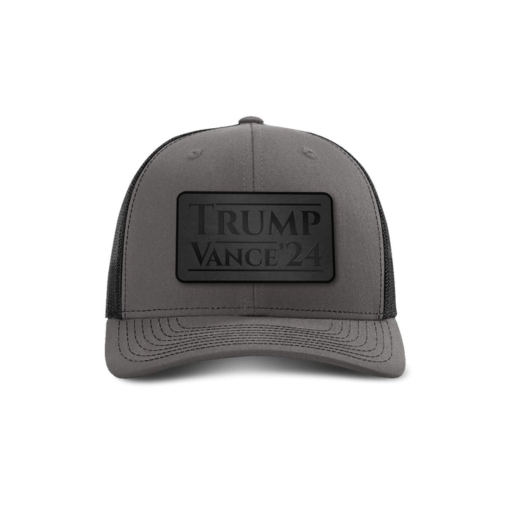 Adjustable Snapback Trucker Cap / Charcoal/ Black Trump Vance '24 Blackout Leather Patch Trucker Hat maga trump