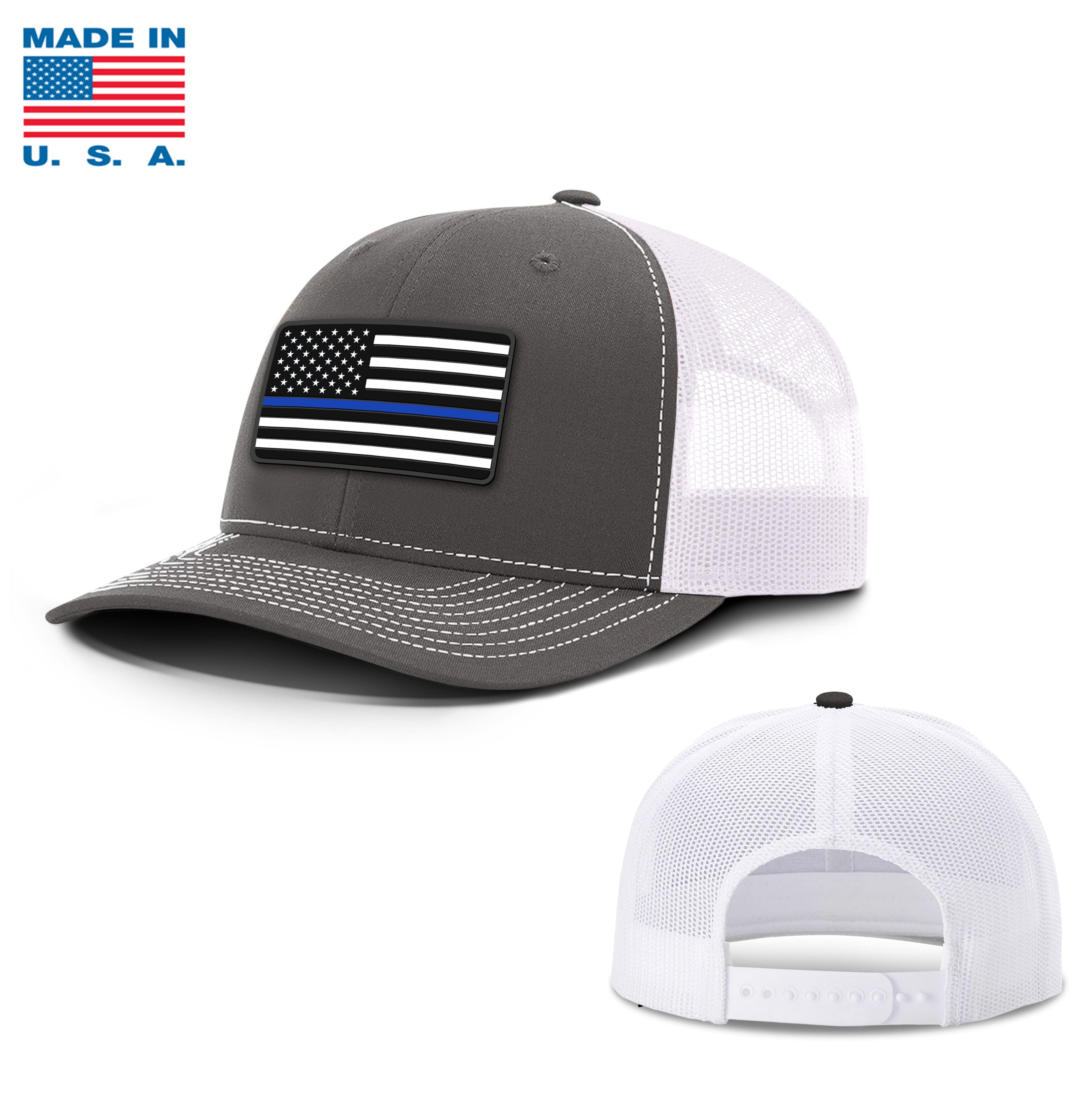 Adjustable Snapback Trucker Cap / Charcoal/White / OS USA THIN BLUE FLAG Trucker Hat Made in the USA maga trump