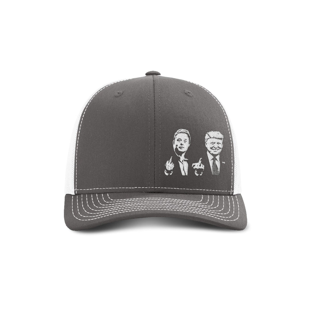 Adjustable Snapback Trucker Cap / Charcoal/ White Trump And Elon Flipping The Bird Trucker Hat maga trump