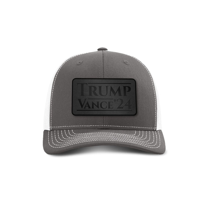 Adjustable Snapback Trucker Cap / Charcoal/ White Trump Vance '24 Blackout Leather Patch Trucker Hat maga trump