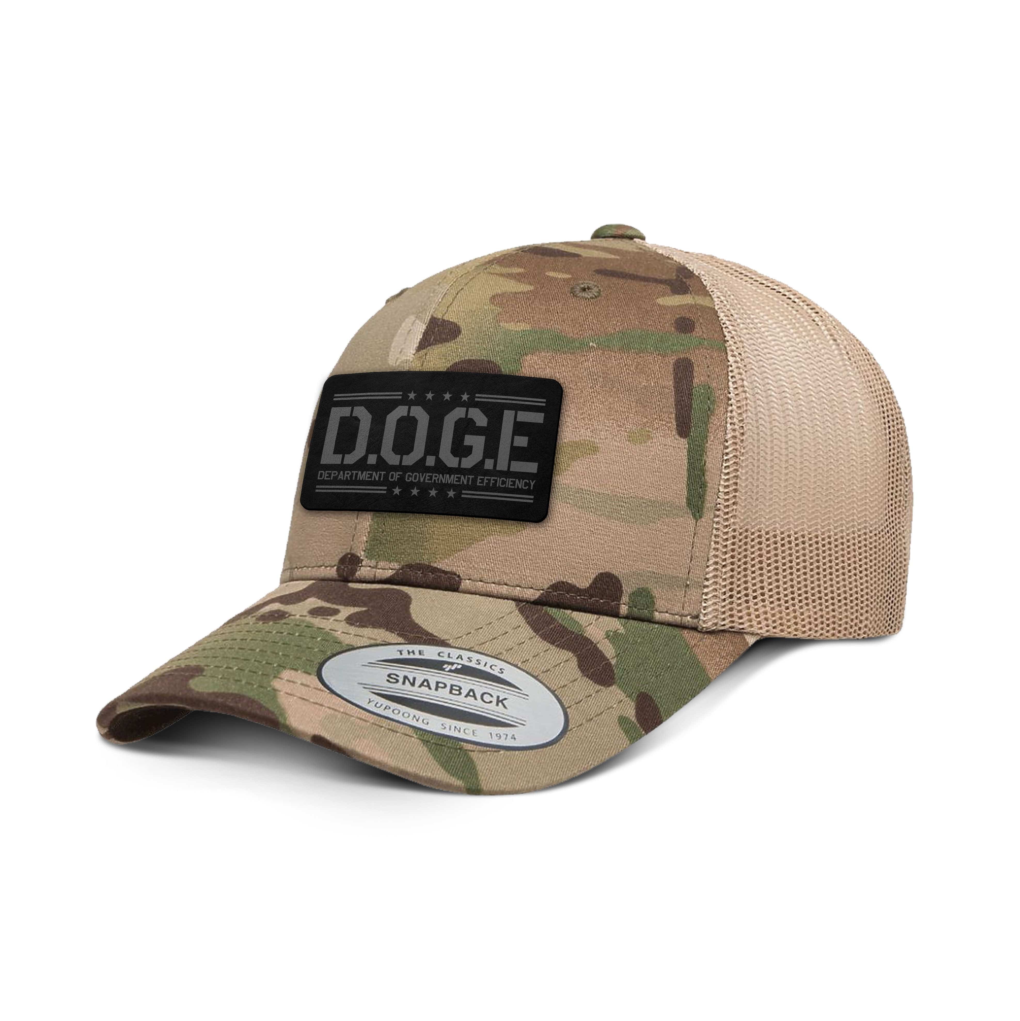 Adjustable Snapback Trucker Cap / Green Khaki DARK D.O.G.E Leather Patch Camo Edition Trucker Hat maga trump