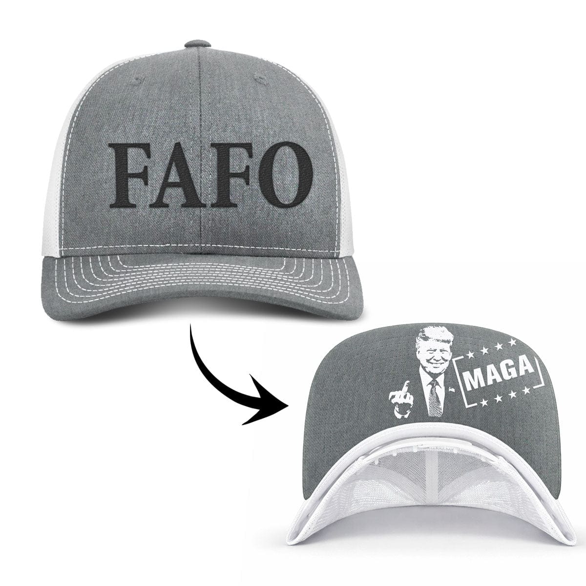 Adjustable Snapback Trucker Cap / Heather Gray/White / OS FAFO Trucker (MF Hat) maga trump