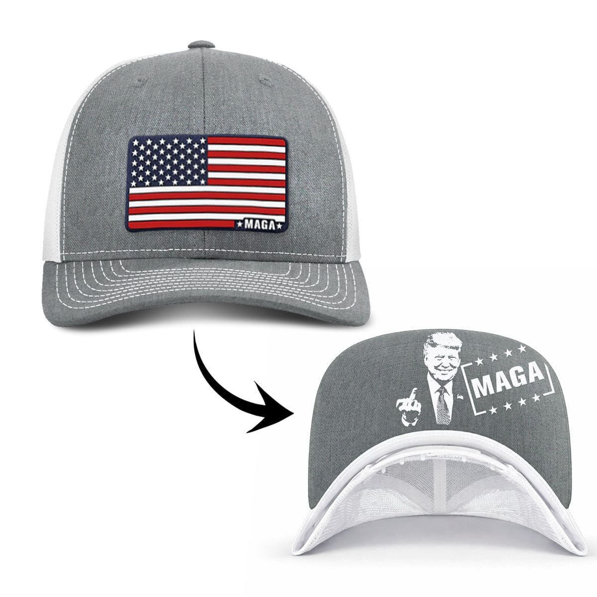 Adjustable Snapback Trucker Cap / Heather Gray/White / OS Maga American Flag (MF Hat) maga trump