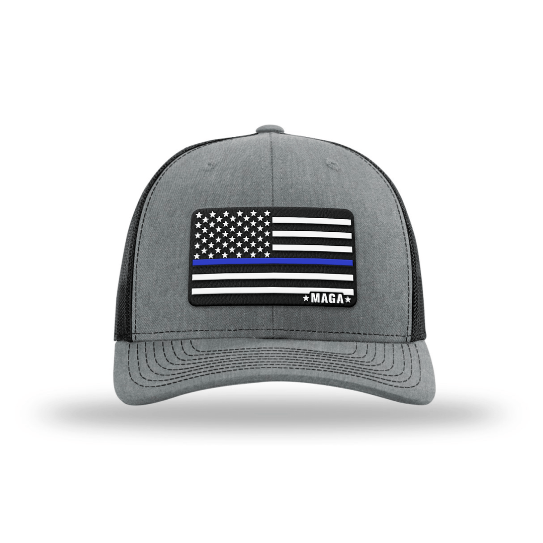 Adjustable Snapback Trucker Cap / Heather Grey/ Black Maga Thin Blue Line Flag Hat maga trump