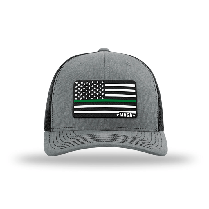 Adjustable Snapback Trucker Cap / Heather Grey/ Black Maga Thin Green Line Flag Hat maga trump