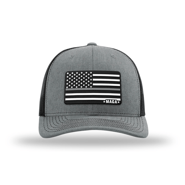 Adjustable Snapback Trucker Cap / Heather Grey/ Black Maga Thin Grey Line Flag Hat maga trump