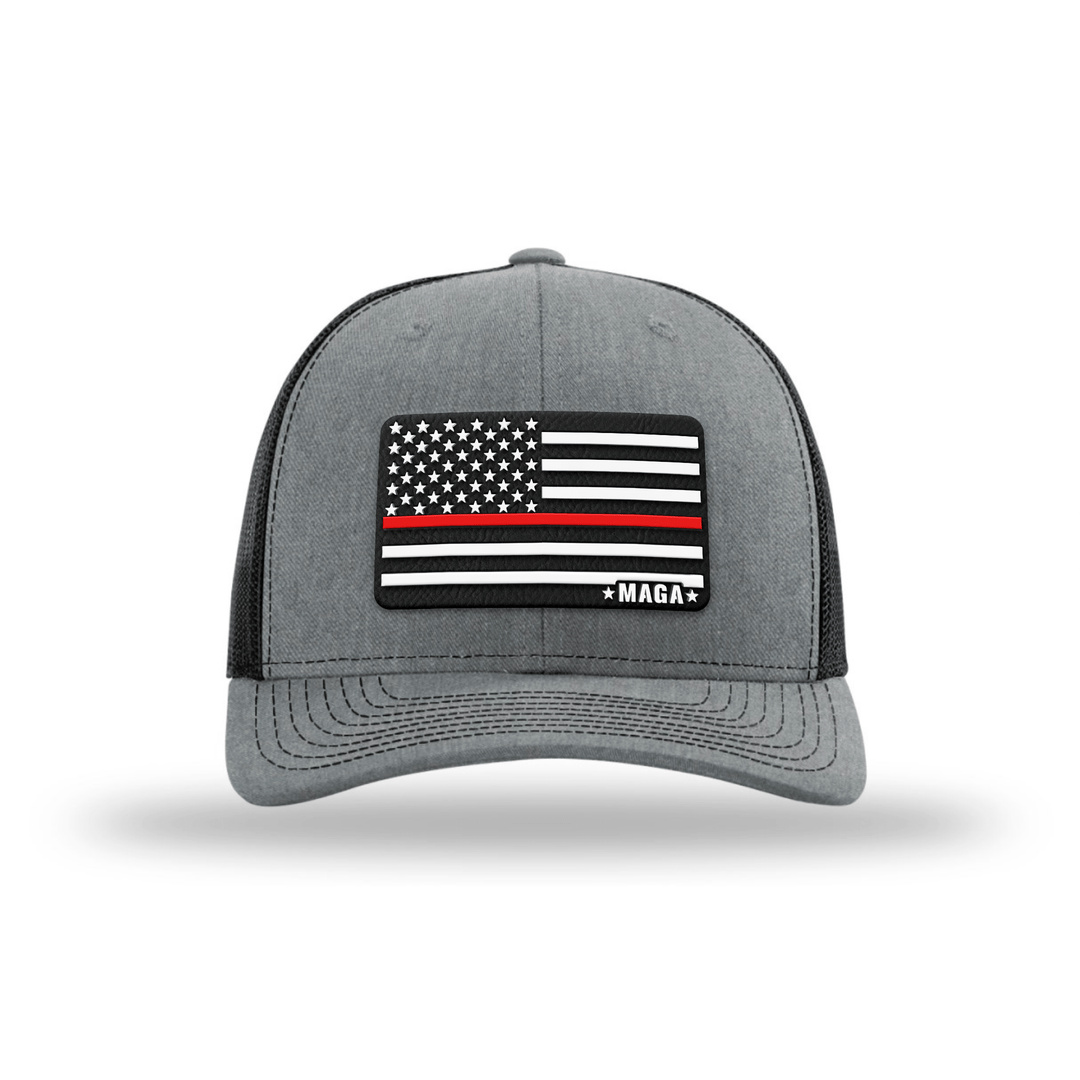 Adjustable Snapback Trucker Cap / Heather Grey/ Black Maga Thin Red Line Flag Hat maga trump