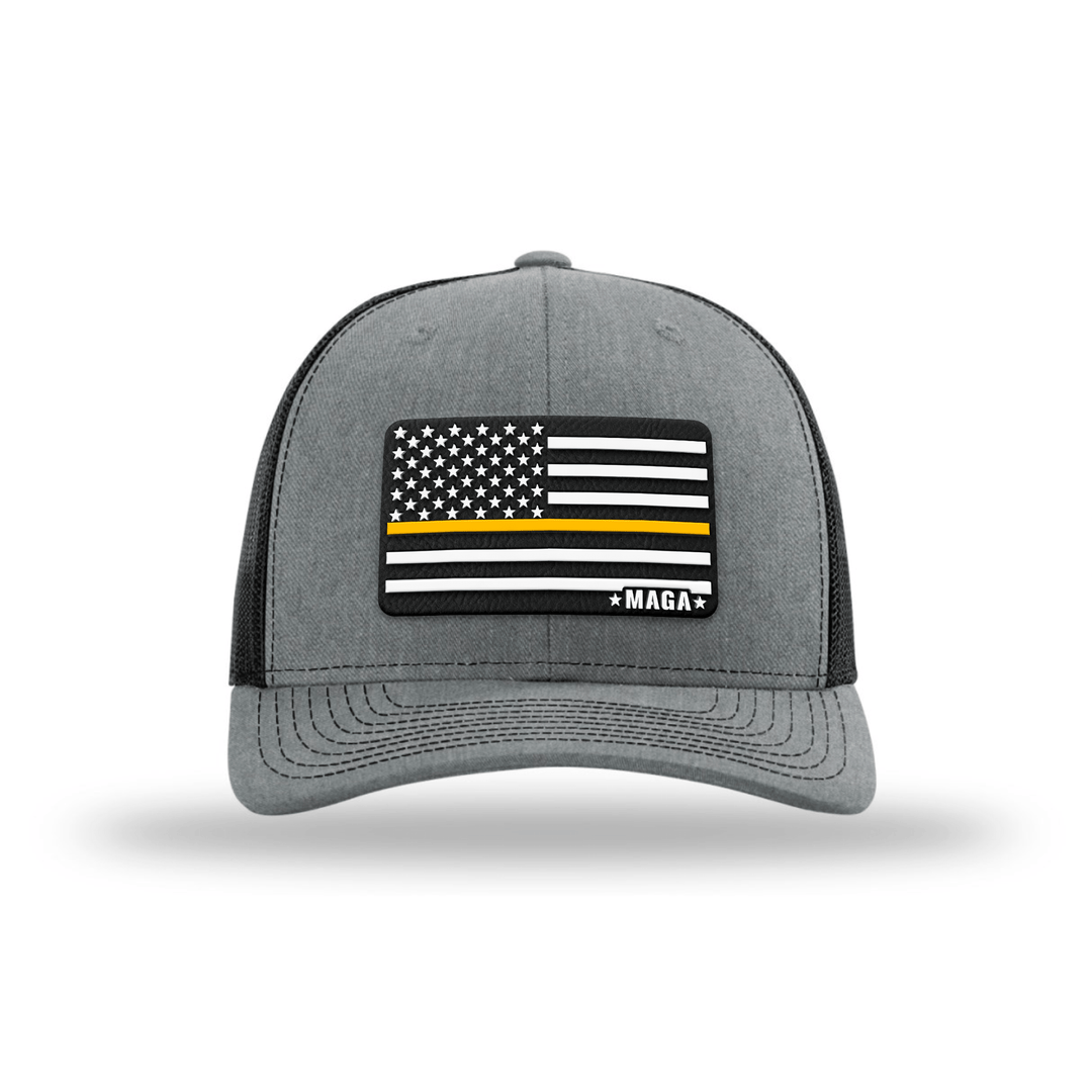 Adjustable Snapback Trucker Cap / Heather Grey/ Black Maga Thin Yellow Line Flag Hat maga trump