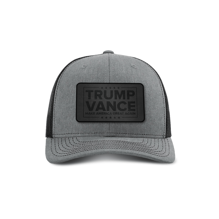 Adjustable Snapback Trucker Cap / Heather Grey/ Black Trump Vance MAGA Blackout Leather Patch Trucker Hat maga trump