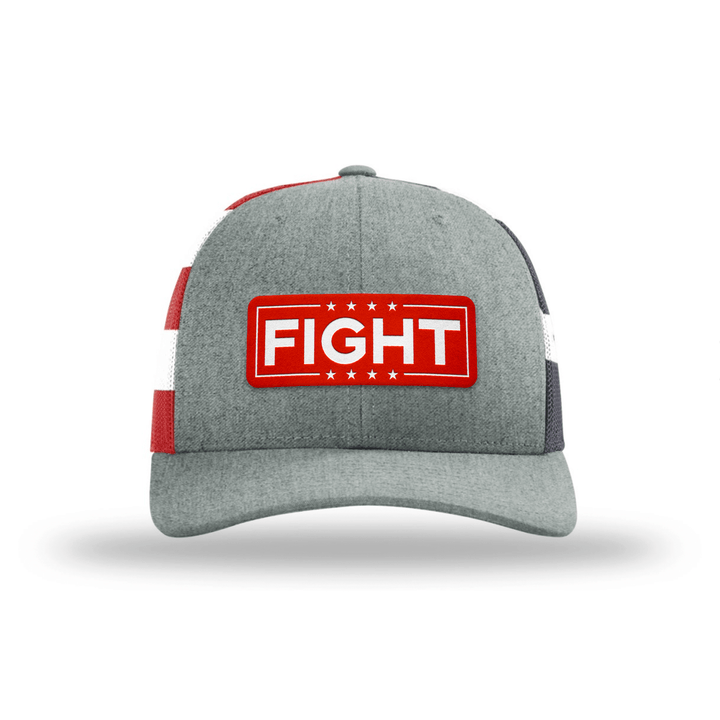 Adjustable Snapback Trucker Cap / Heather Grey/ Flag Fight - Red Trucker Hat maga trump