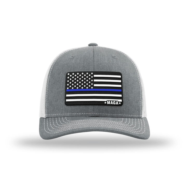 Adjustable Snapback Trucker Cap / Heather Grey/ White Maga Thin Blue Line Flag Hat maga trump