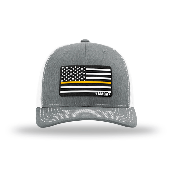 Adjustable Snapback Trucker Cap / Heather Grey/ White Maga Thin Yellow Line Flag Hat maga trump