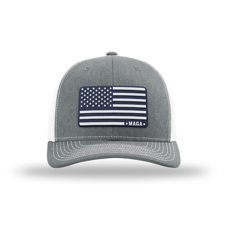 Adjustable Snapback Trucker Cap / Heather Grey/White - Navy MAGA American Flag Trucker maga trump