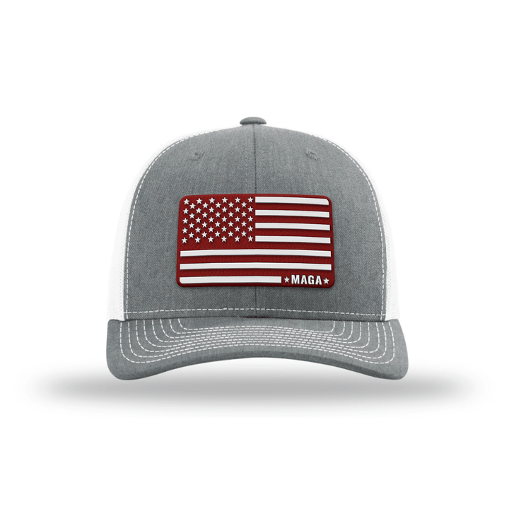 Adjustable Snapback Trucker Cap / Heather Grey/White - Red MAGA American Flag Trucker maga trump