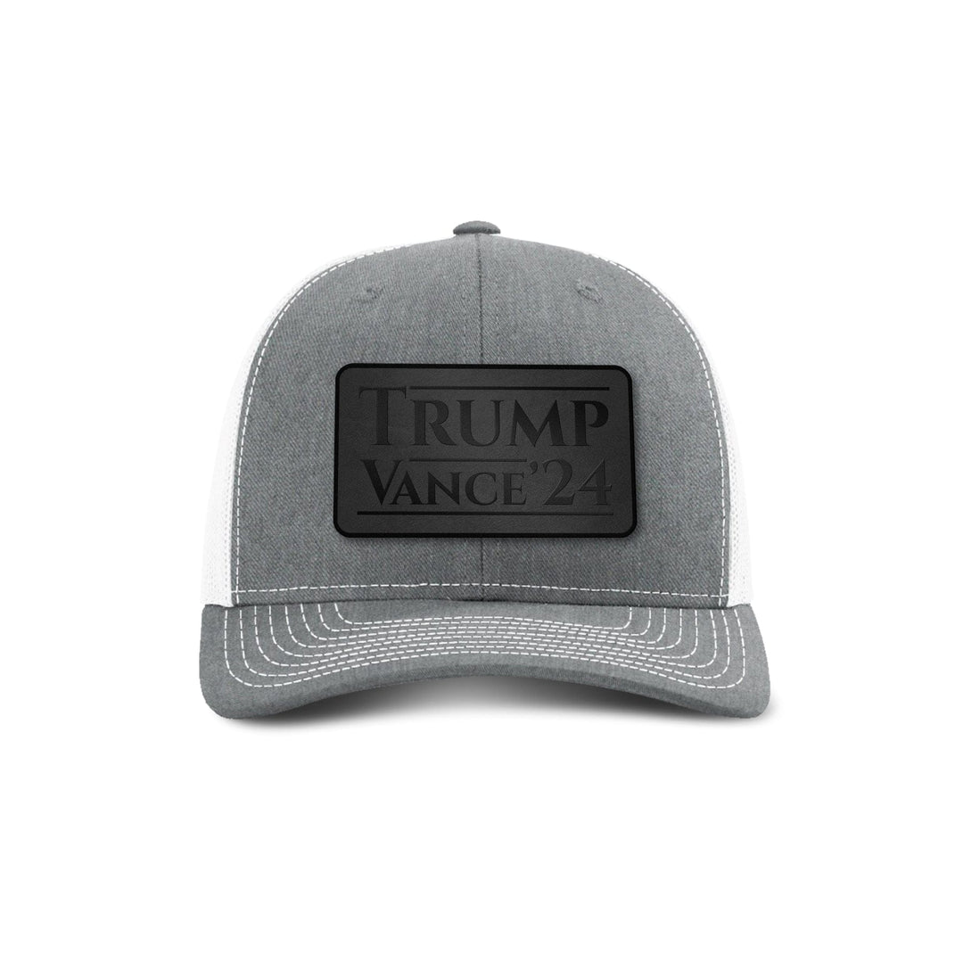 Adjustable Snapback Trucker Cap / Heather Grey/ White Trump Vance '24 Blackout Leather Patch Trucker Hat maga trump