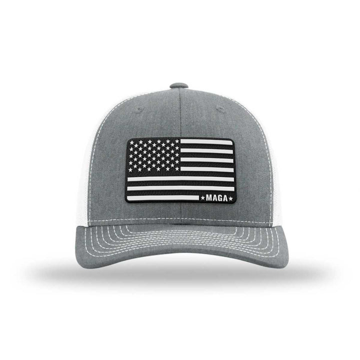 Adjustable Snapback Trucker Cap / Heather Grey/ White - White MAGA American Flag Trucker maga trump