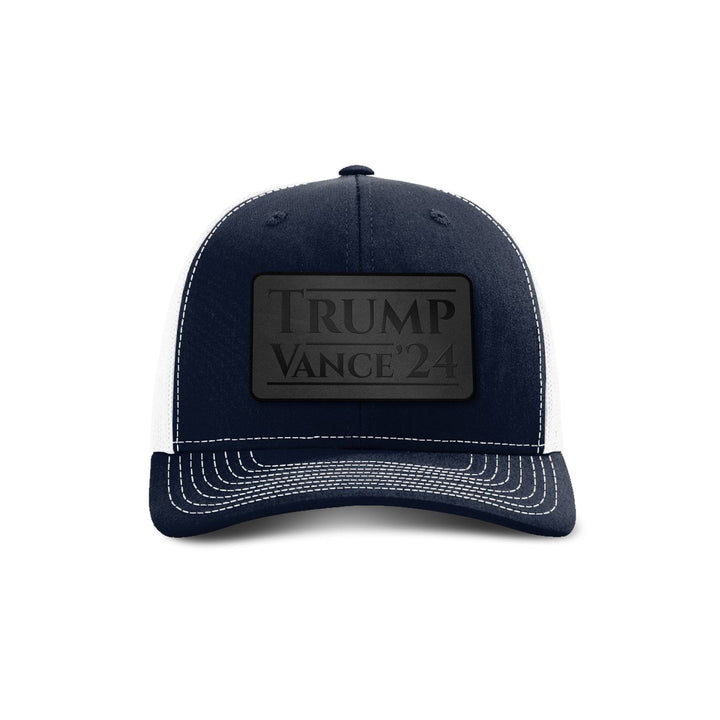 Adjustable Snapback Trucker Cap / Navy/ White Trump Vance '24 Blackout Leather Patch Trucker Hat maga trump