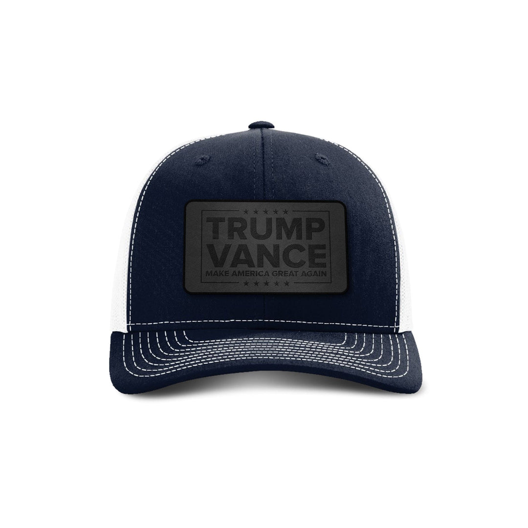 Adjustable Snapback Trucker Cap / Navy/ White Trump Vance MAGA Blackout Leather Patch Trucker Hat maga trump