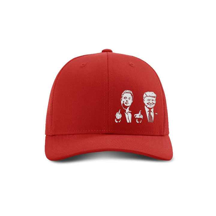 Adjustable Snapback Trucker Cap / Red Trump And Elon Flipping The Bird Trucker Hat maga trump