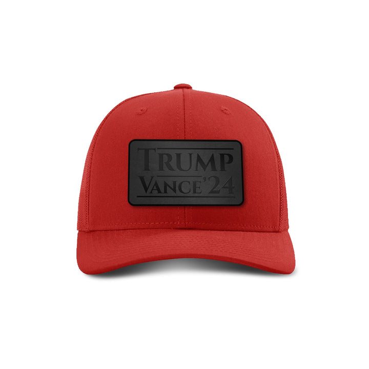 Adjustable Snapback Trucker Cap / Red Trump Vance '24 Blackout Leather Patch Trucker Hat maga trump