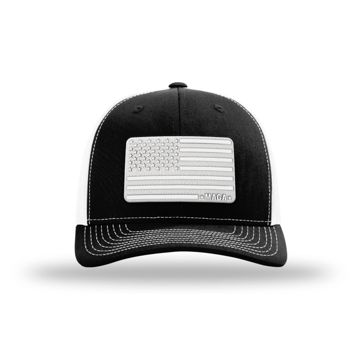 Adjustable Snapback Trucker Cap / White/Black / One Size MAGA Flag Patch Trucker Hat maga trump