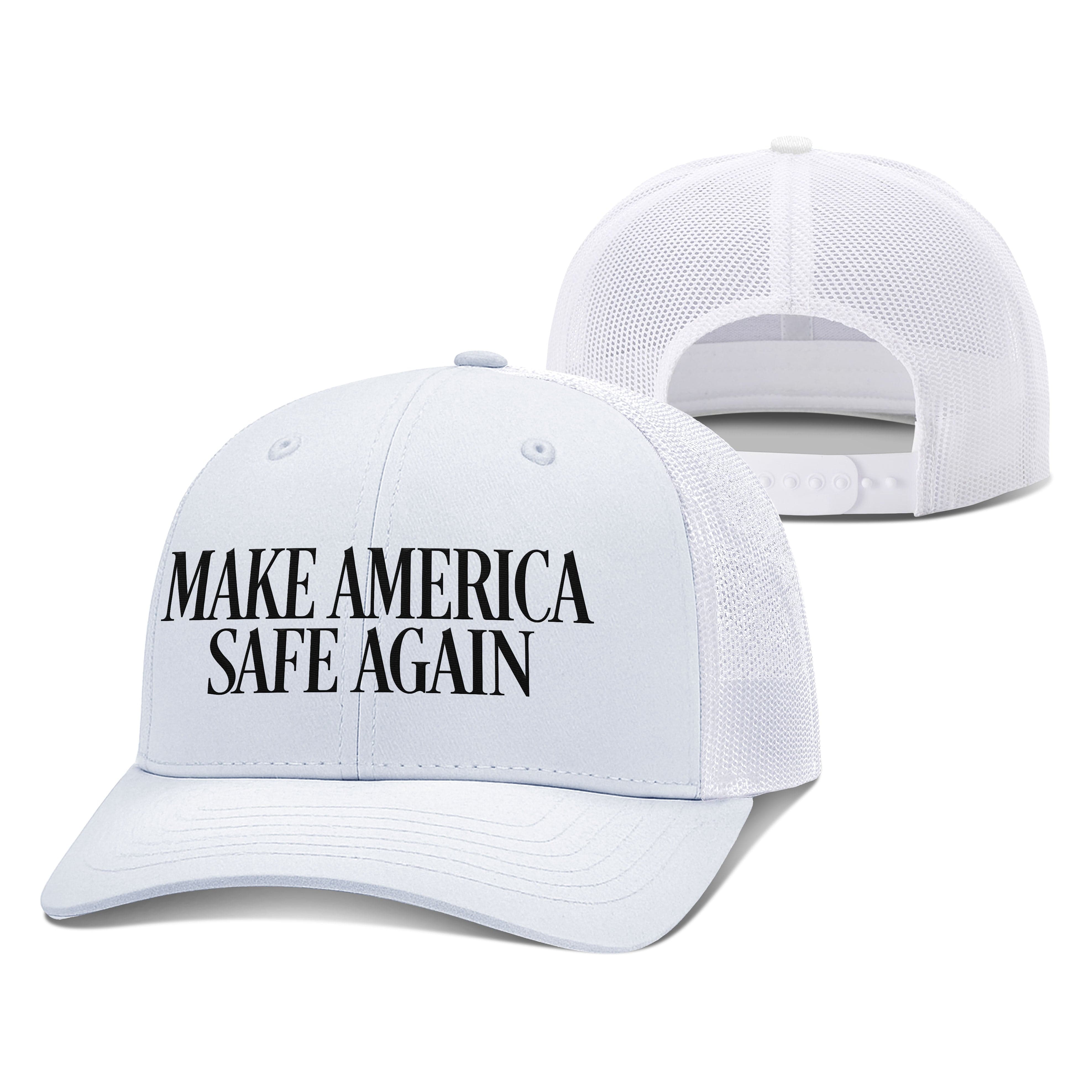 Adjustable Snapback Trucker Cap / White / OS MAKE AMERICA SAFE AGAIN Trucker Hat maga trump