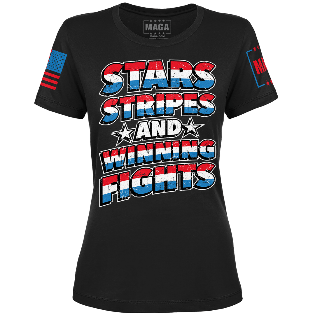 Black / XS Stars Stripes And Winning Fights Ladies Tee maga trump