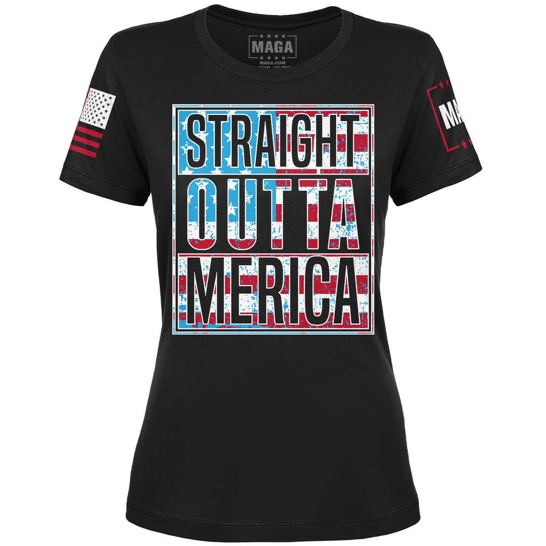 Black / XS Straight Outta Merica Ladies Tee maga trump