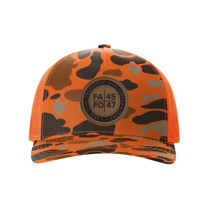Blaze Duck Camo/Blaze / Black FAFO Leather Patch Hunting Hats maga trump