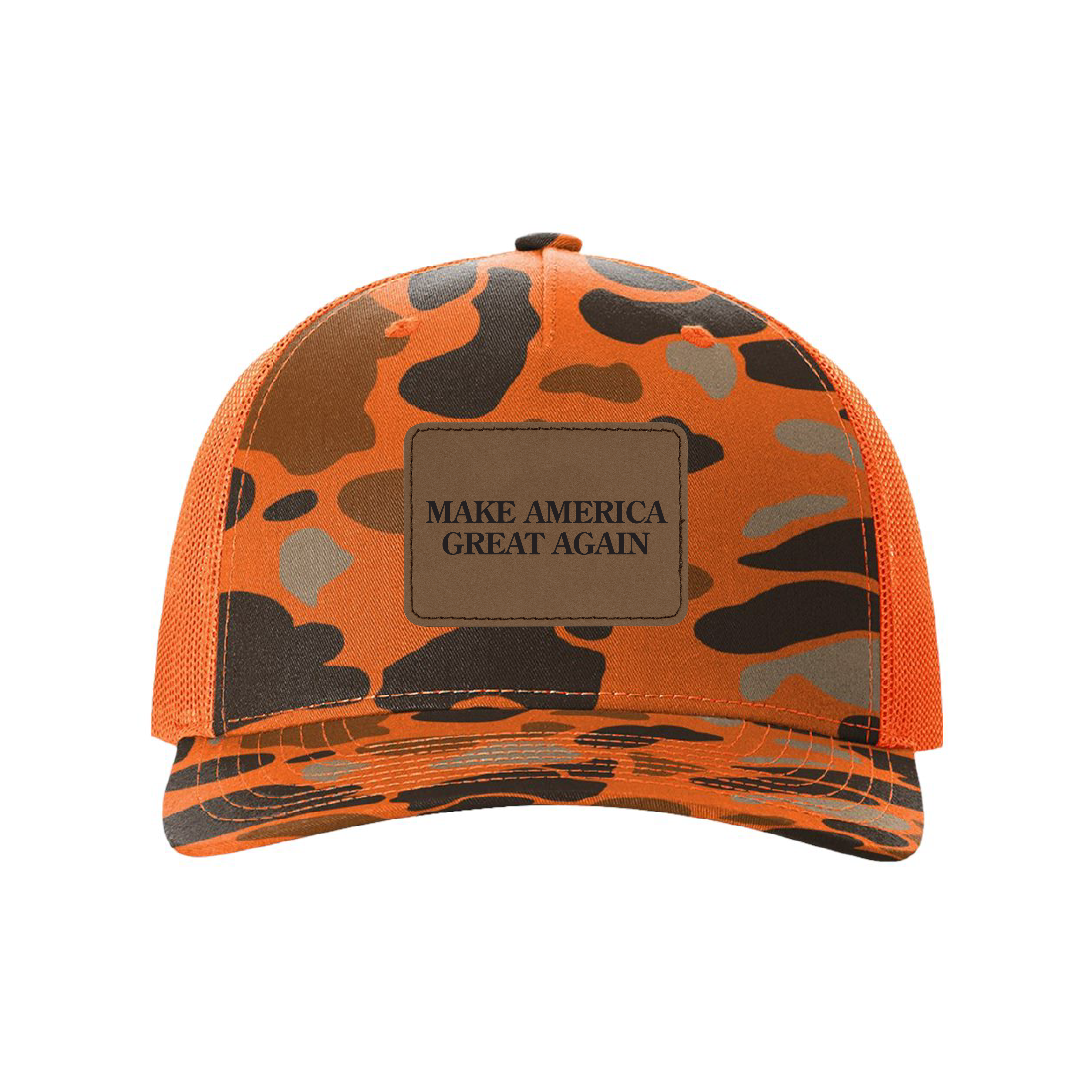 Blaze Duck Camo/Blaze / Black Make America Great Again Leather Patch Hunting Hats maga trump