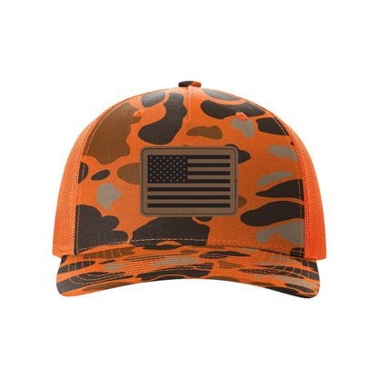 Blaze Duck Camo/Blaze / Black USA Flag Leather Patch Hunting Hats maga trump