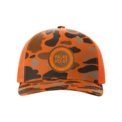 Blaze Duck Camo/Blaze / Orange FAFO Leather Patch Hunting Hats maga trump