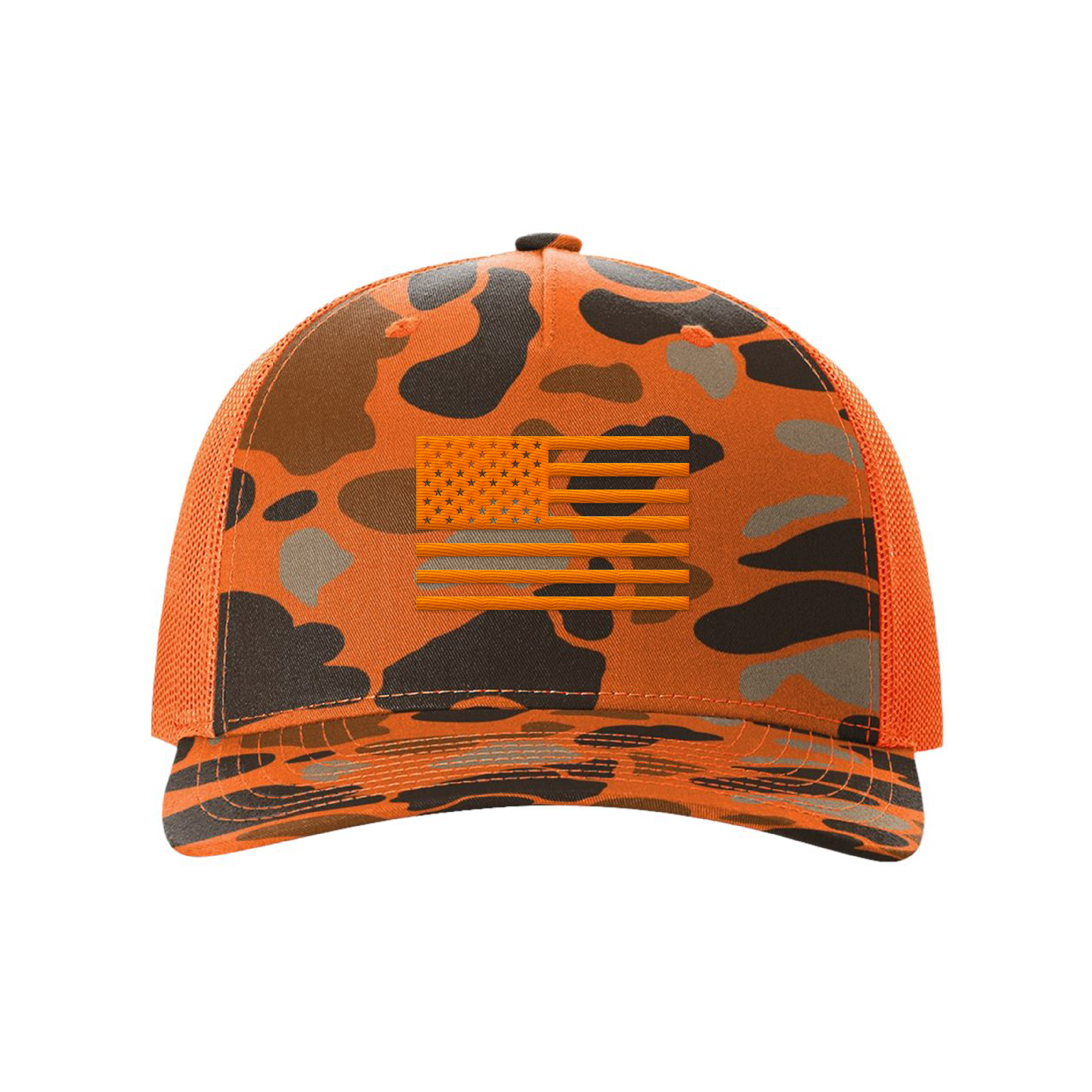 Blaze Duck Camo/Blaze / Orange USA Flag Hunting Hats maga trump
