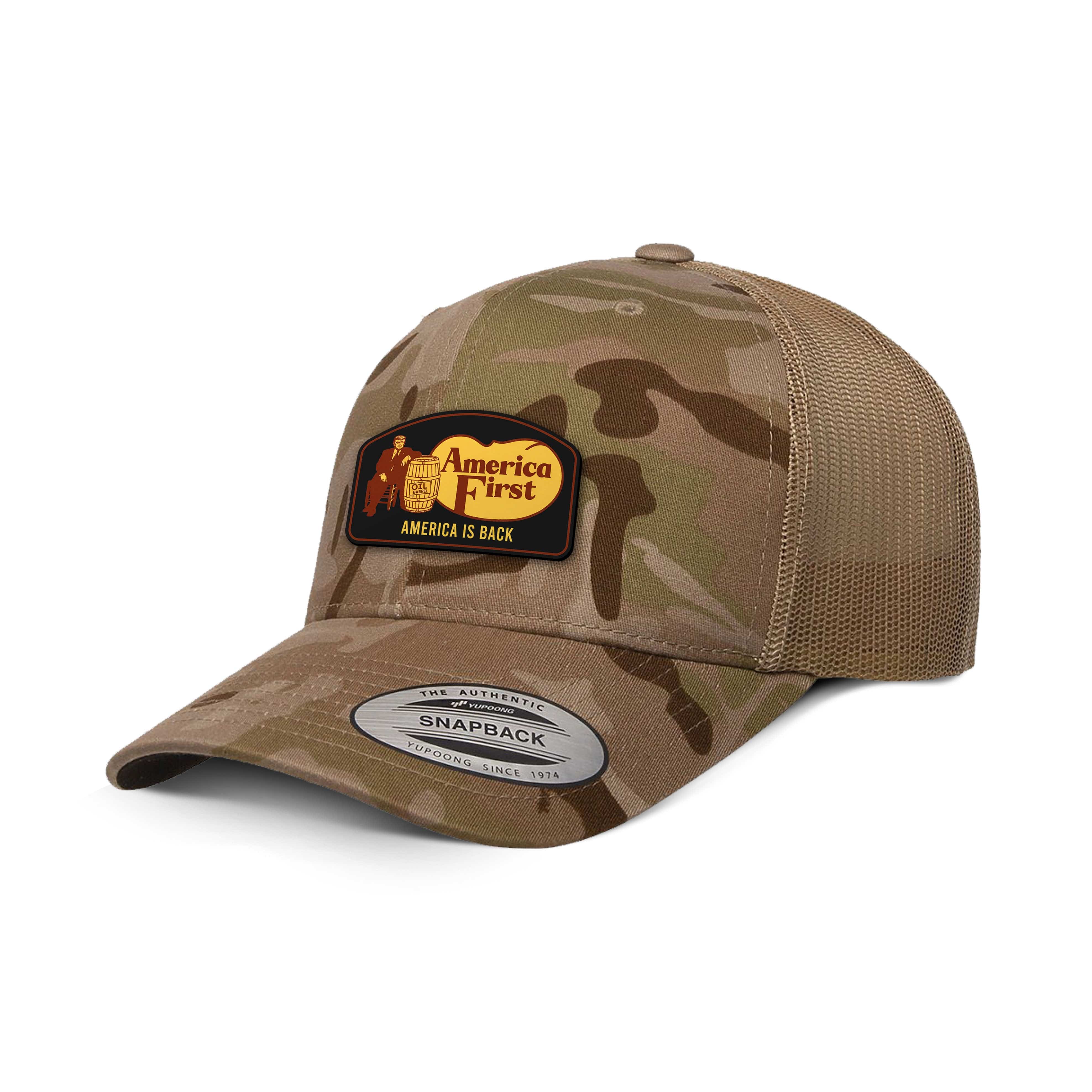 Classics Six-Panel Retro Trucker Cap / Arid Tan / OS AMERICA FIRST Camo Edition Trucker Hat maga trump