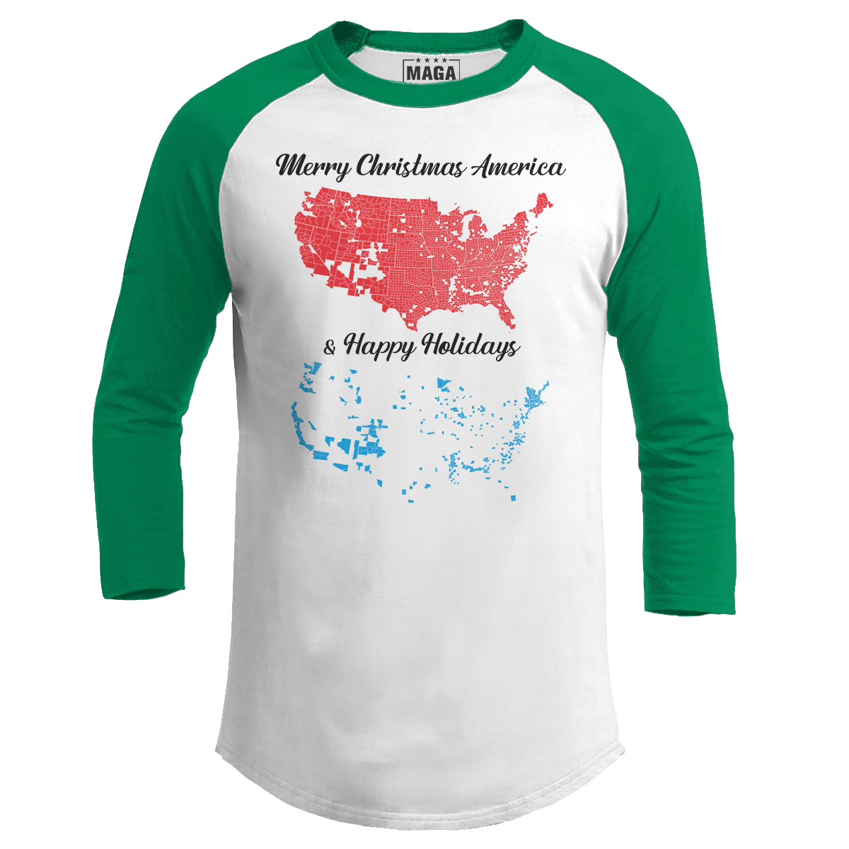 Green / S Merry Christmas America and Happy Holidays Raglan maga trump