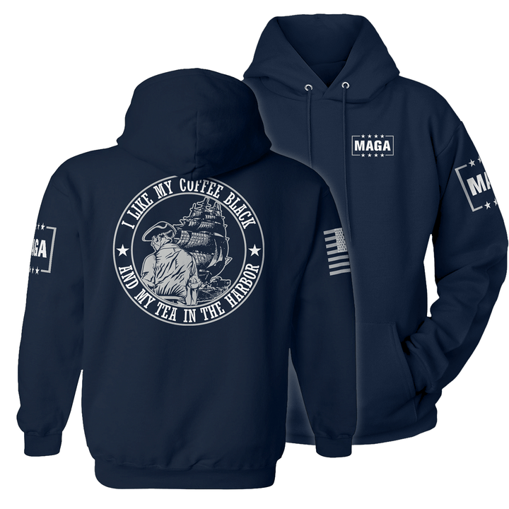 Hoodie / Midnight Navy / XS I Like My Coffee Black and Tea in the Harbor with Ship maga trump