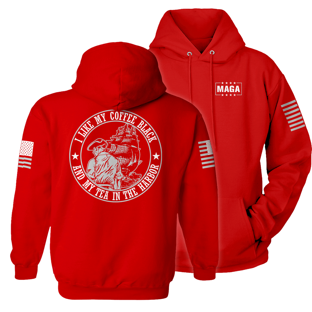 Hoodie / Red / XS I Like My Coffee Black and Tea in the Harbor with Ship maga trump