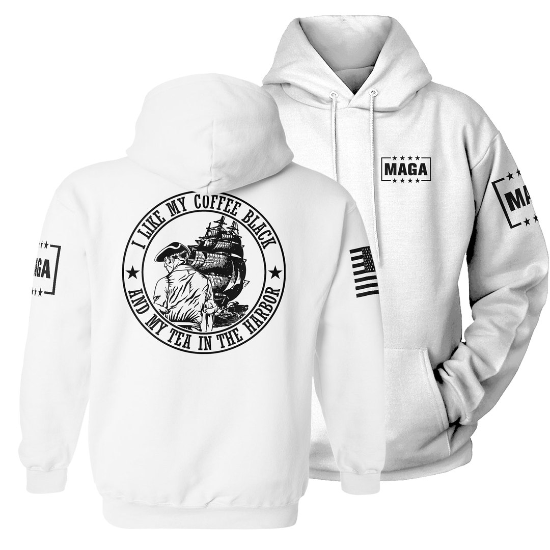 Hoodie / White / XS I Like My Coffee Black and Tea in the Harbor with Ship maga trump