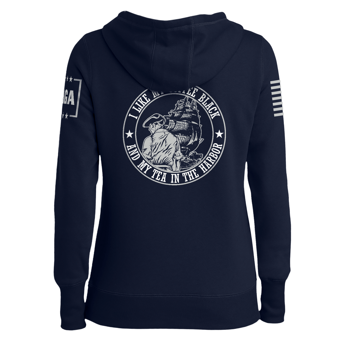 I Like My Coffee Black and Tea in the Harbor with Ship Ladies Hoodie maga trump