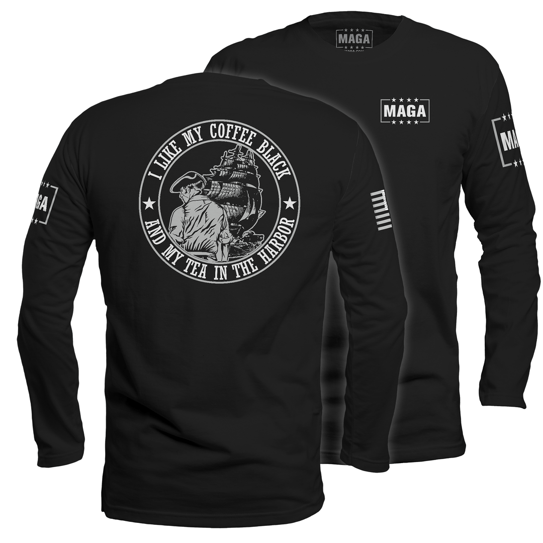 Men's Long Sleeve / Black / S I Like My Coffee Black and Tea in the Harbor with Ship maga trump