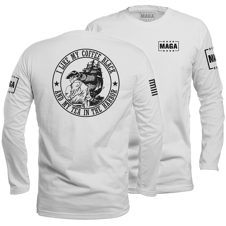 Men's Long Sleeve / White / S I Like My Coffee Black and Tea in the Harbor with Ship maga trump